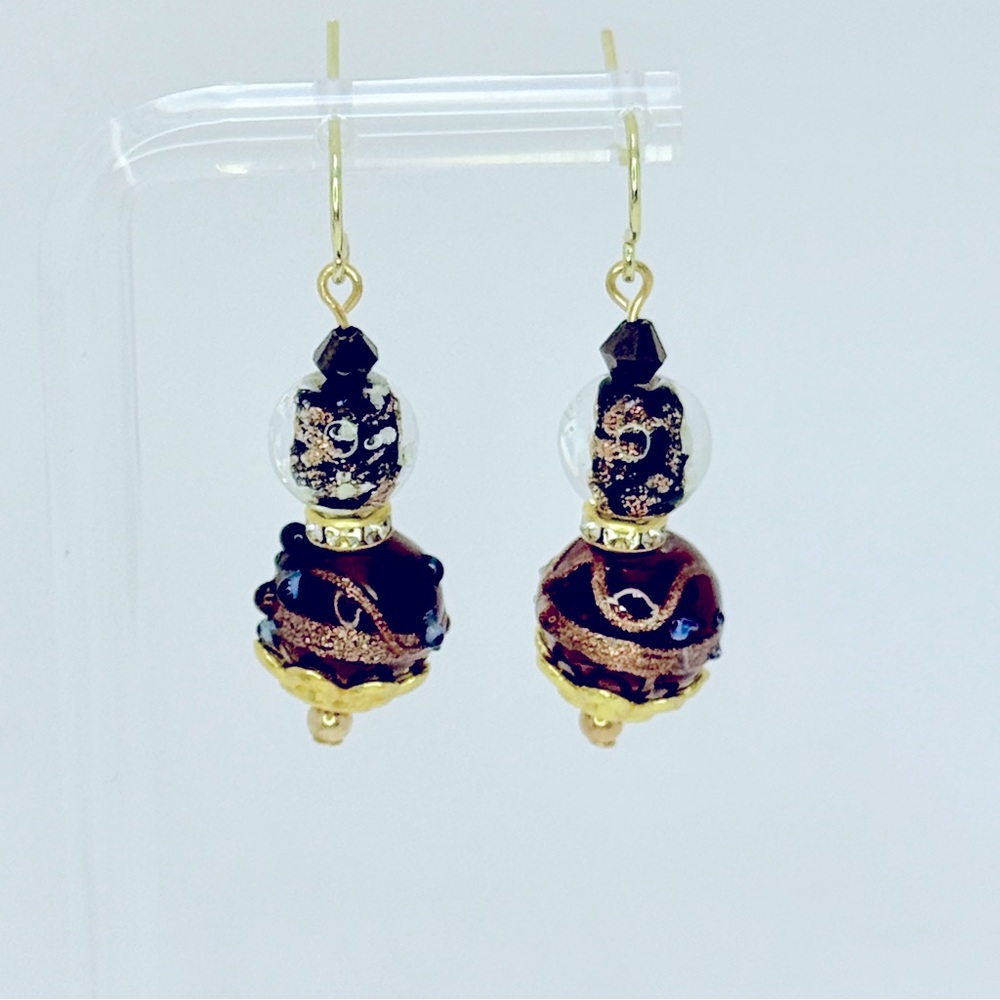 Artisan Black, Brown & Gold Wedding Cake Glass & Lampwork Glow Bead Earrings